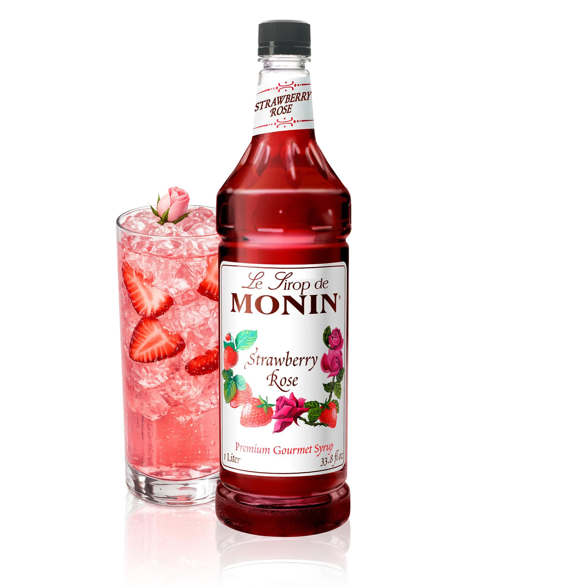 Monin Strawberry Rose Syrup bottle elevates lattes and lemonades.