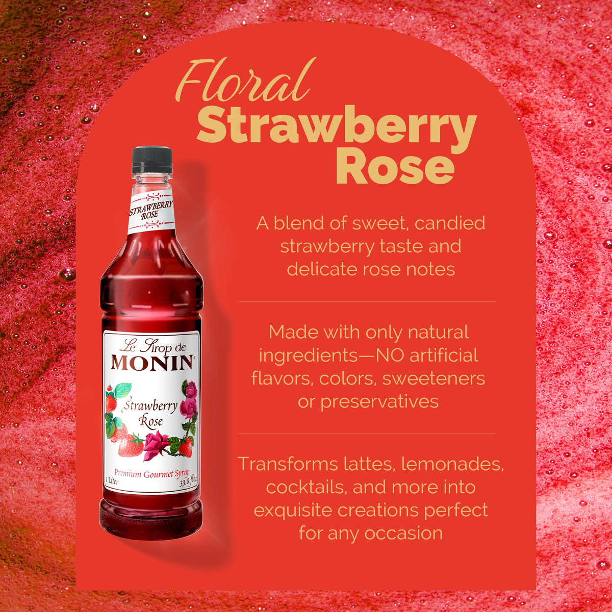 Monin Strawberry Rose Syrup label highlights allergen-free ingredients.