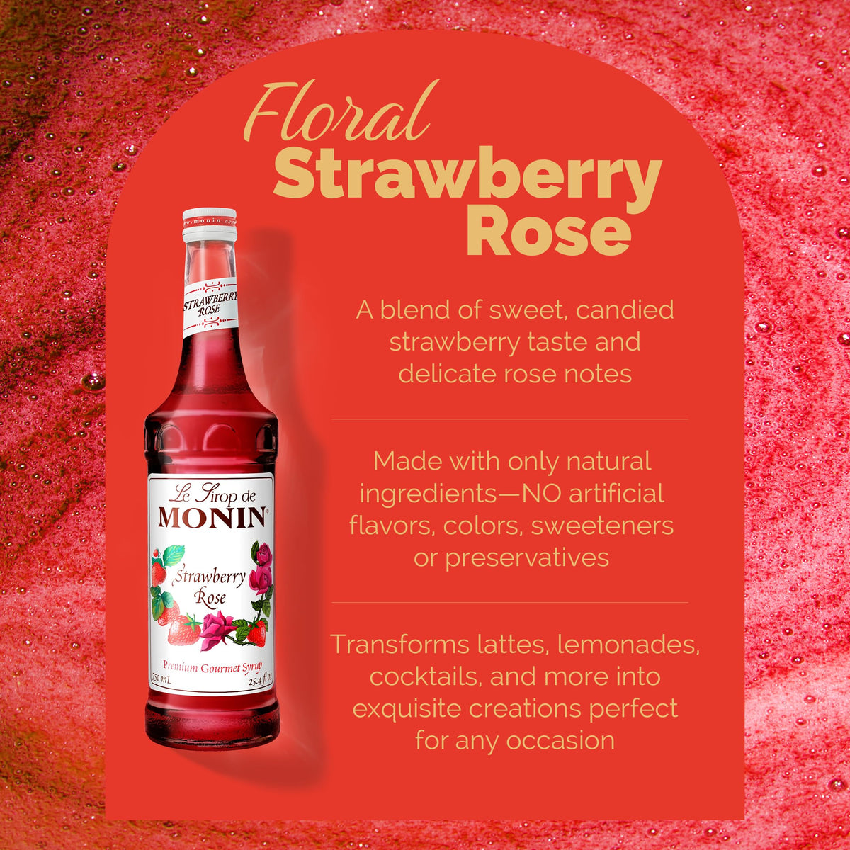 Monin Strawberry Rose Syrup latte shot brightens coffeehouse drinks.