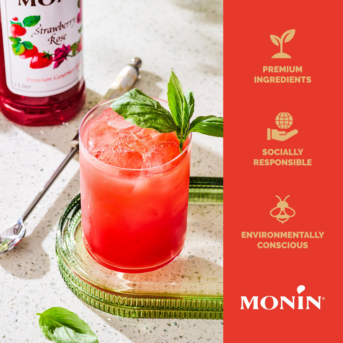 Monin Strawberry Rose Syrup lemonade creates refreshing at-home beverages.