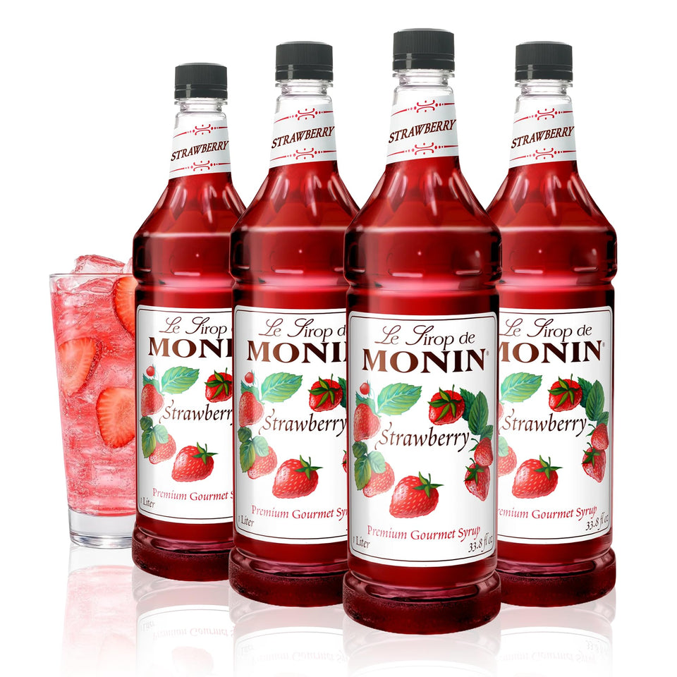 Monin Strawberry Syrup 1-liter bottle ready for cocktails and teas.