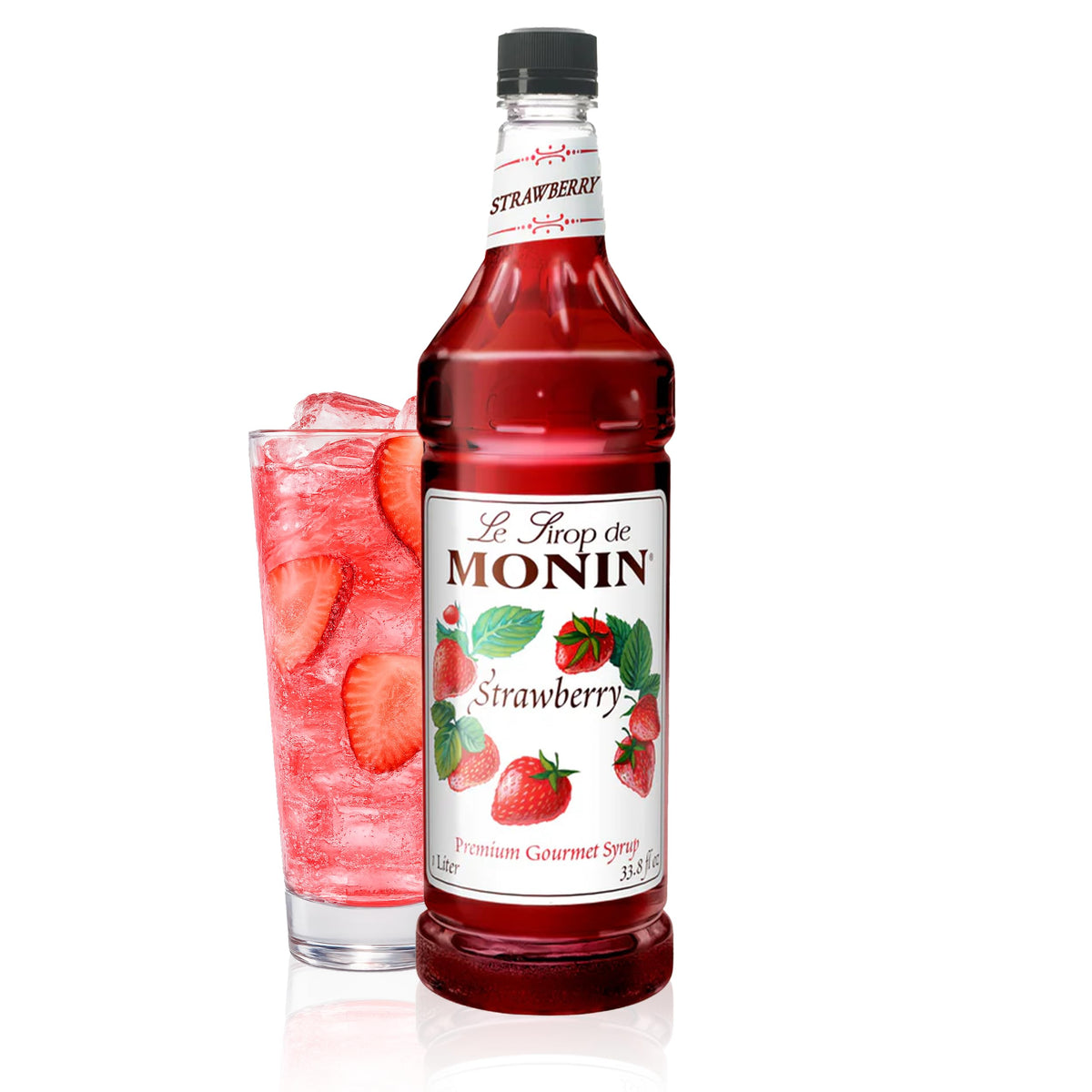 Monin Strawberry Syrup bottle close-up with vibrant red color, ideal for cocktails.