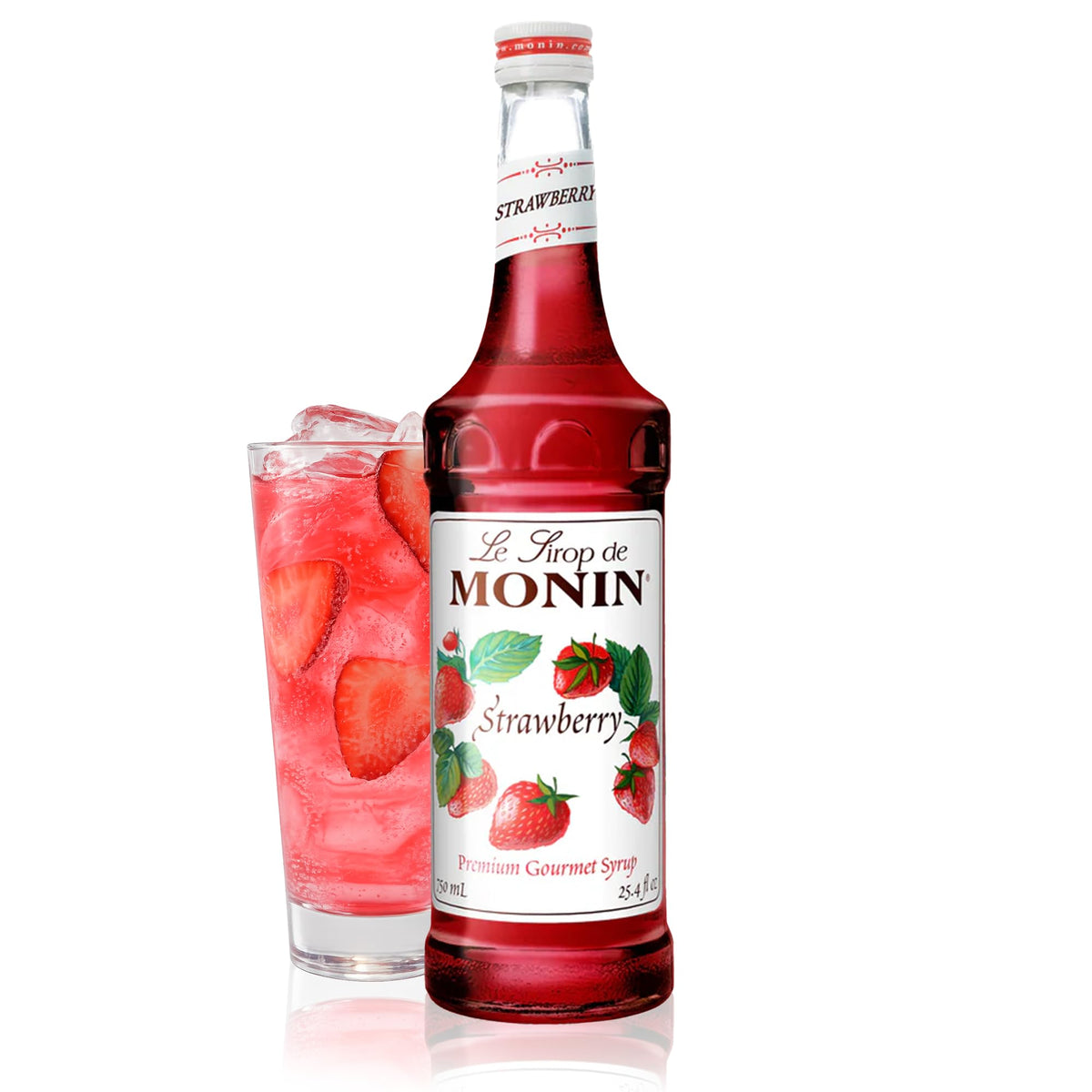 Monin Strawberry Syrup bottle with vibrant red color, ideal for cocktails
