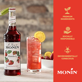 Monin Strawberry Syrup dessert swirls enhancing desserts with mild strawberry aroma.