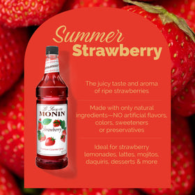 Monin Strawberry Syrup in a tea setup, a sweet touch for hot and iced beverages.