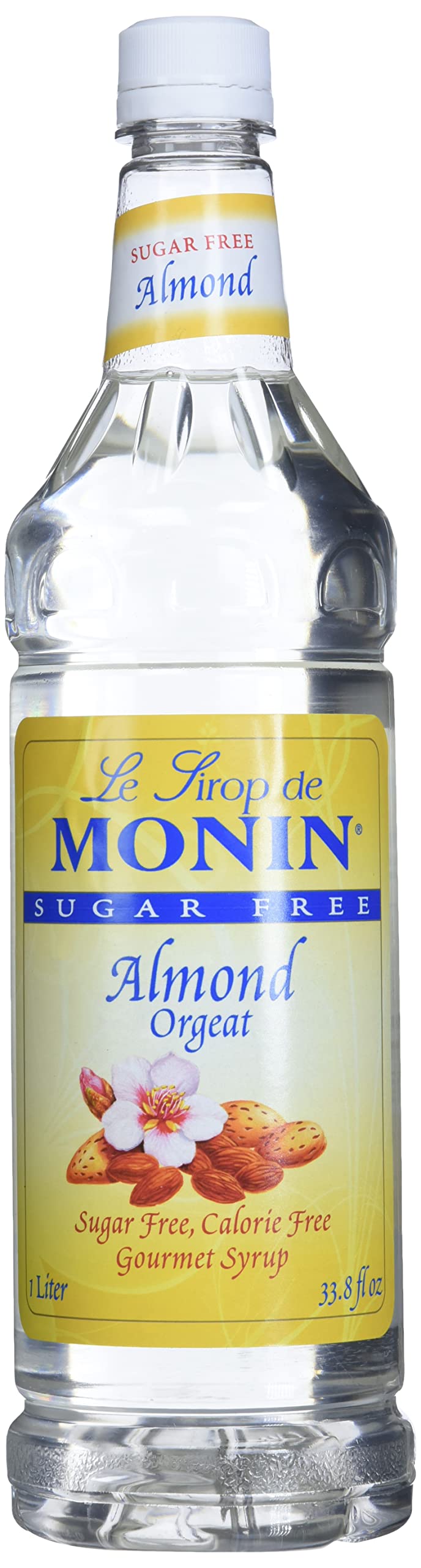 Monin Sugar Free Almond Syrup bottle highlighting subtle almond flavor for coffee and cocktails.