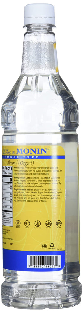 Monin Sugar Free Almond Syrup pour illustrating versatile use in hot or cold beverages.