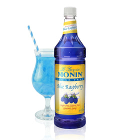 Monin sugar-free blue raspberry syrup bottle for calorie-free drinks.