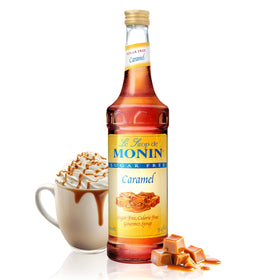 Monin Sugar Free Caramel Syrup bottle with guilt-free sweetness for coffee and desserts
