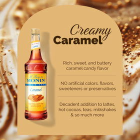 Monin Sugar Free Caramel Syrup drizzle over dessert for a soft caramel finish