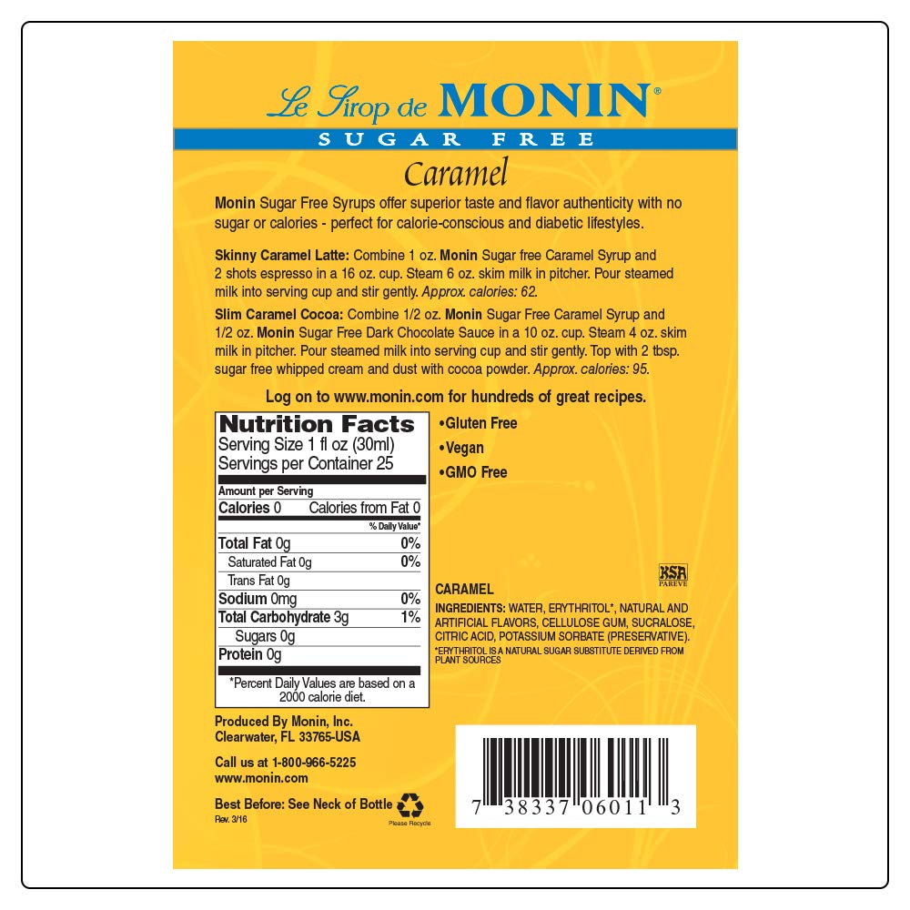 Monin Sugar Free Caramel Syrup packaging with eco-friendly branding