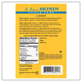 Monin Sugar Free Caramel Syrup packaging with eco-friendly branding