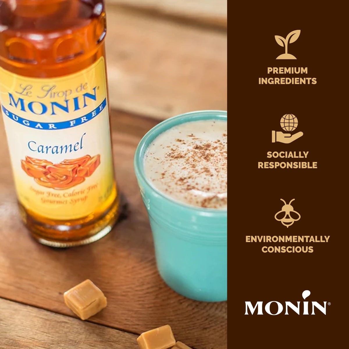 Monin Sugar Free Caramel Syrup on whipped cream topping for a light sweetness