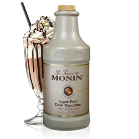 Monin Sugar Free Dark Chocolate Sauce bottle pour for velvety chocolate drizzle