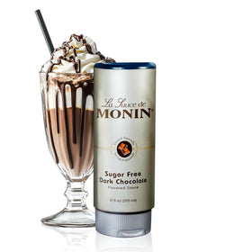 Monin Sugar Free Dark Chocolate Sauce bottle with label and cap visible