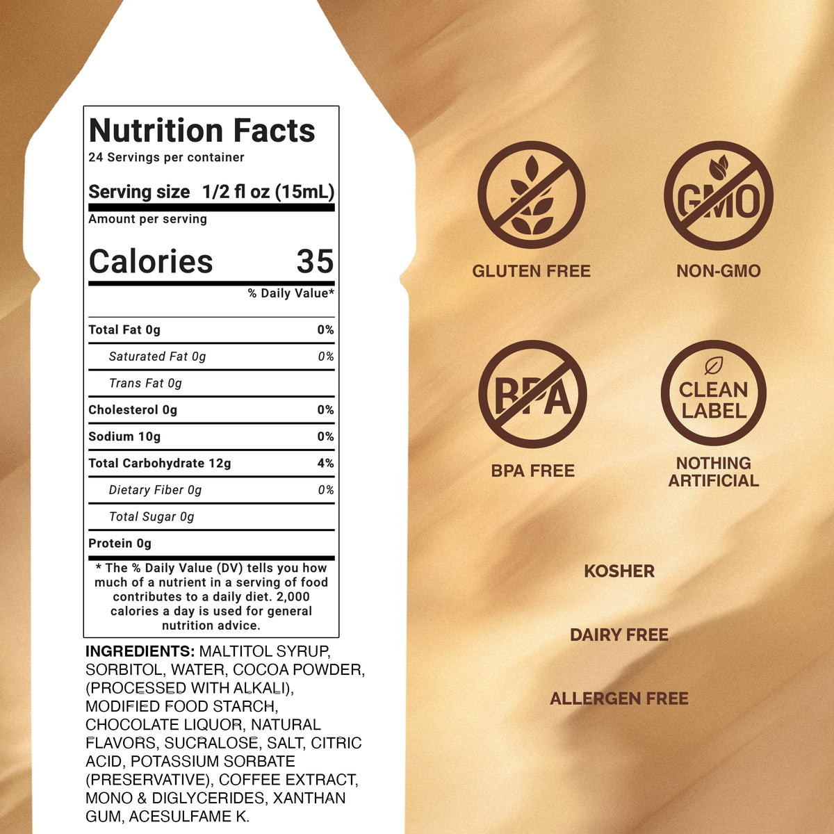 Monin Sugar Free Dark Chocolate Sauce drizzled over a dessert for rich flavor