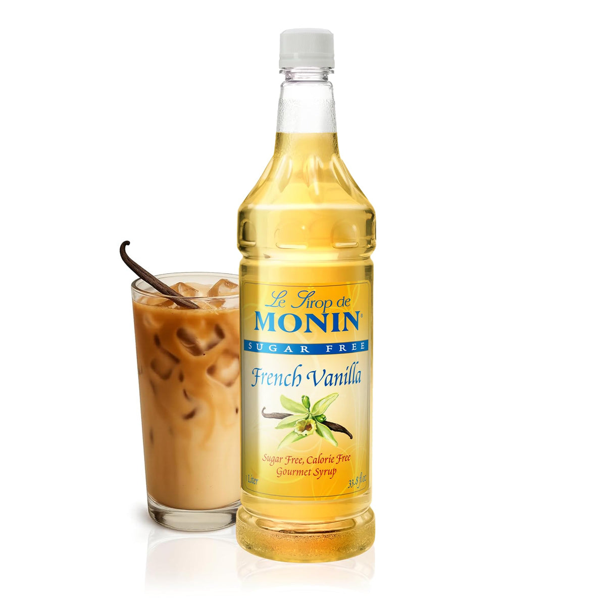 Monin Sugar Free French Vanilla Syrup bottle highlighting Madagascar vanilla for sugar-free coffee flavor.