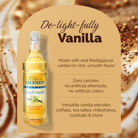 Monin Sugar Free French Vanilla Syrup cocktail mixer highlighting bold vanilla notes.