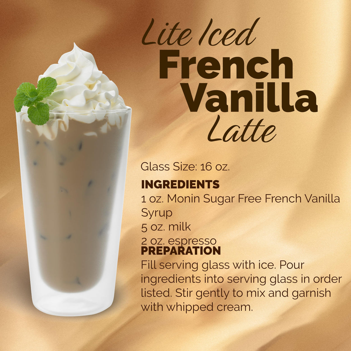 Monin Sugar Free French Vanilla Syrup drizzle over dessert or drinks.