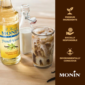 Monin Sugar Free French Vanilla Syrup latte art featuring smooth vanilla sweetness.