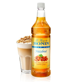 Monin Sugar Free Hazelnut Syrup bottle pour elevating mochas with caramelized hazelnut flavor