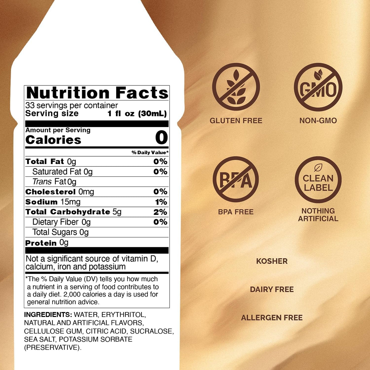 Monin Sugar Free Hazelnut Syrup label close-up showing clean ingredients and non GMO claim