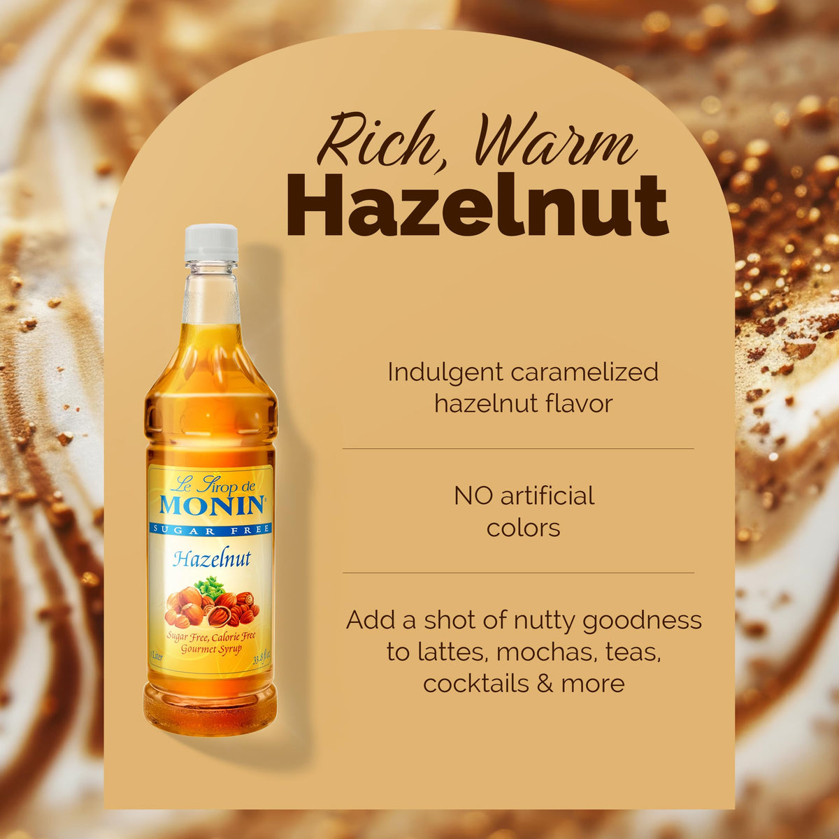 Monin Sugar Free Hazelnut Syrup in latte art setup with rich nutty profile