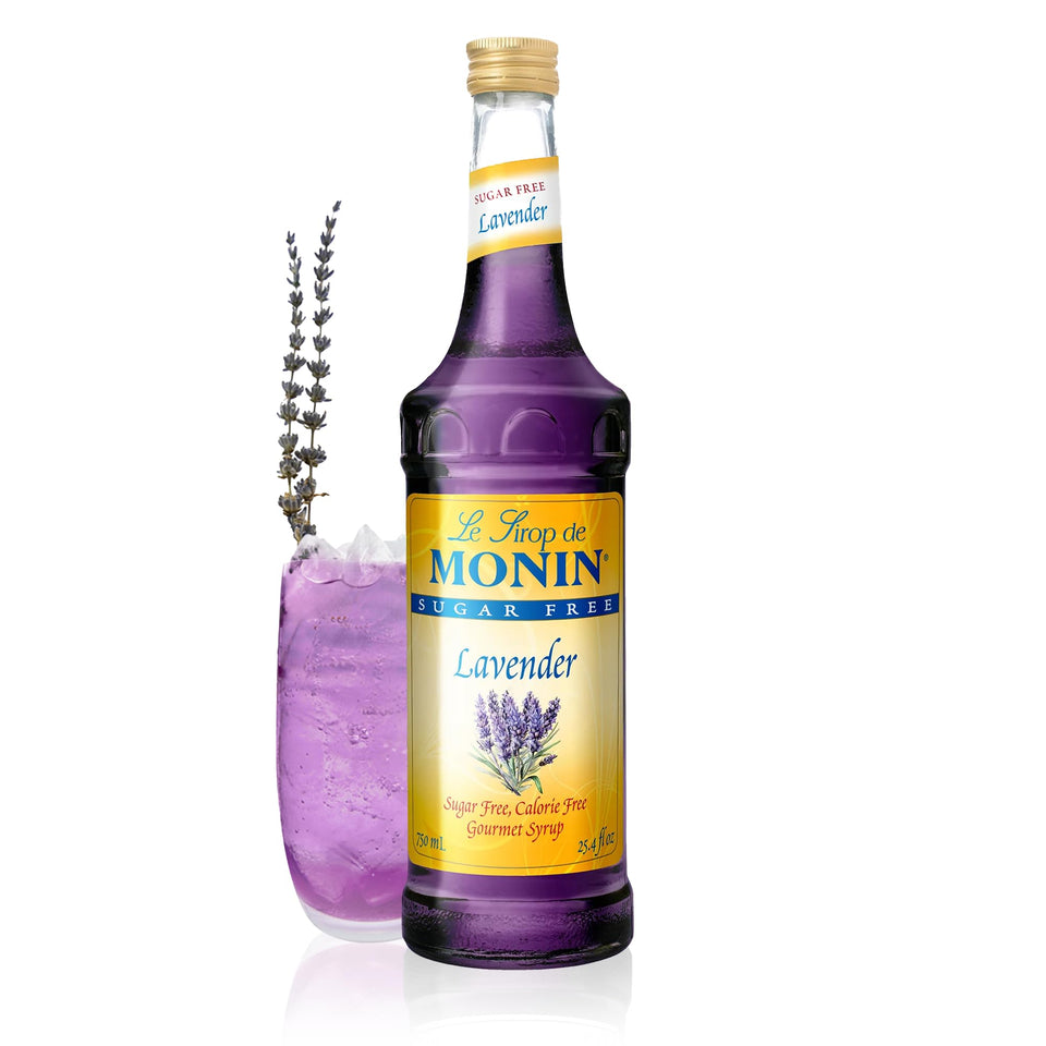 Monin Sugar Free Lavender Syrup bottle front highlighting floral aroma for cocktails.