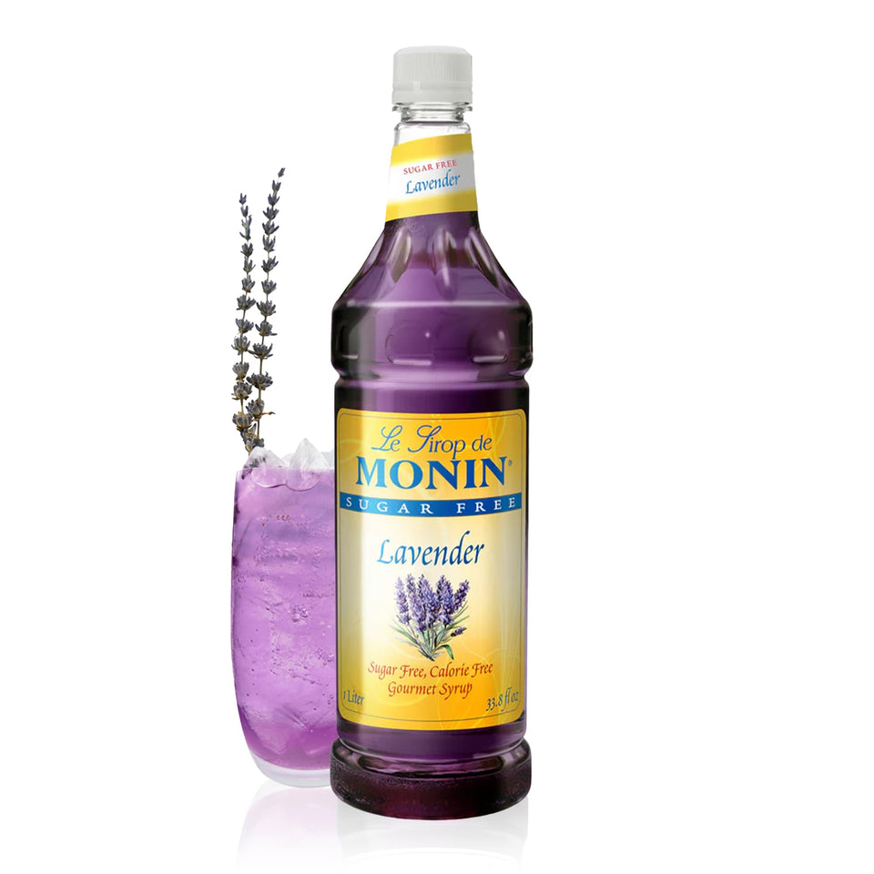 Monin Sugar Free Lavender Syrup bottle ideal for cocktails with floral notes.