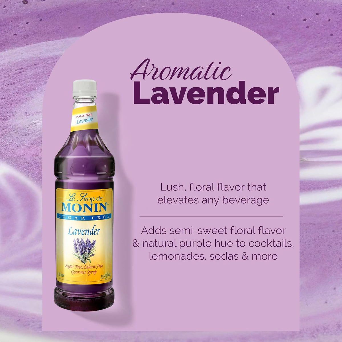 Monin Sugar Free Lavender Syrup with cocktail glass showing versatile flavor.