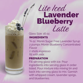 Close-up of Monin Lavender Syrup label emphasizing non-GMO, natural flavors.