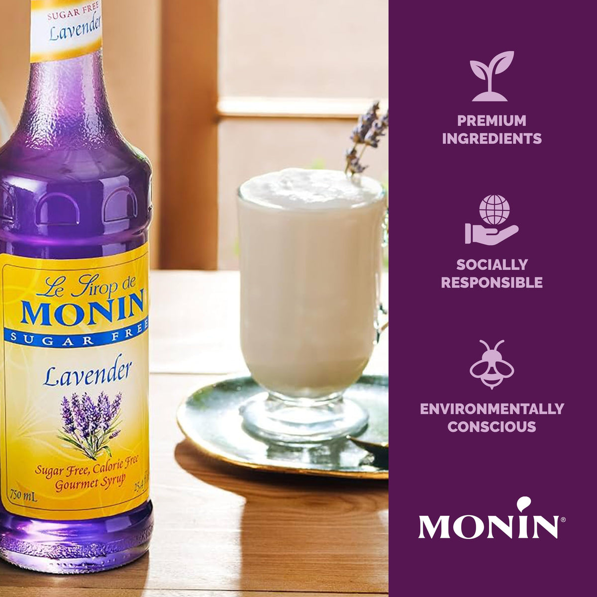 Monin Lavender Syrup label emphasizes gluten-free and non-GMO attributes.