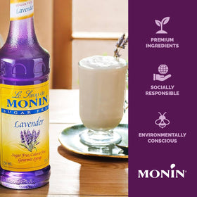 Monin Lavender Syrup label emphasizes gluten-free and non-GMO attributes.