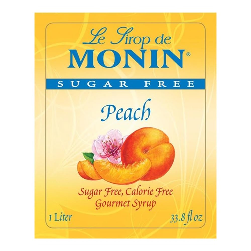 Monin Sugar-Free Peach label close-up highlighting a sugar-free formulation