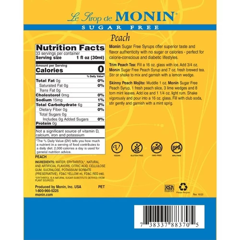 Monin Sugar-Free Peach being poured into a glass for refreshing, calorie-free drinks