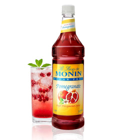 Monin Sugar Free Pomegranate Syrup bottle for vibrant cocktails and teas.