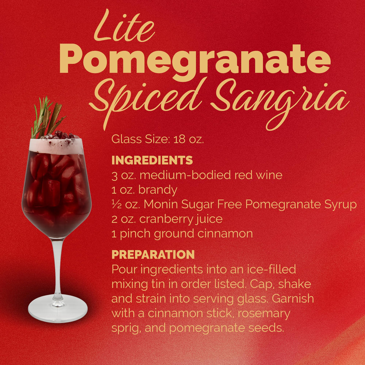 Monin Sugar Free Pomegranate Syrup packaging emphasizes eco-friendly labeling.