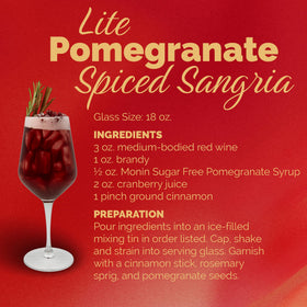 Monin Sugar Free Pomegranate Syrup packaging emphasizes eco-friendly labeling.