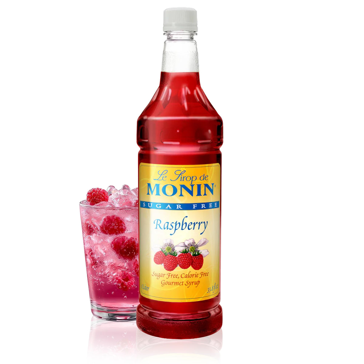 Monin Sugar Free Raspberry Syrup bottle boosts cocktails and lemonades