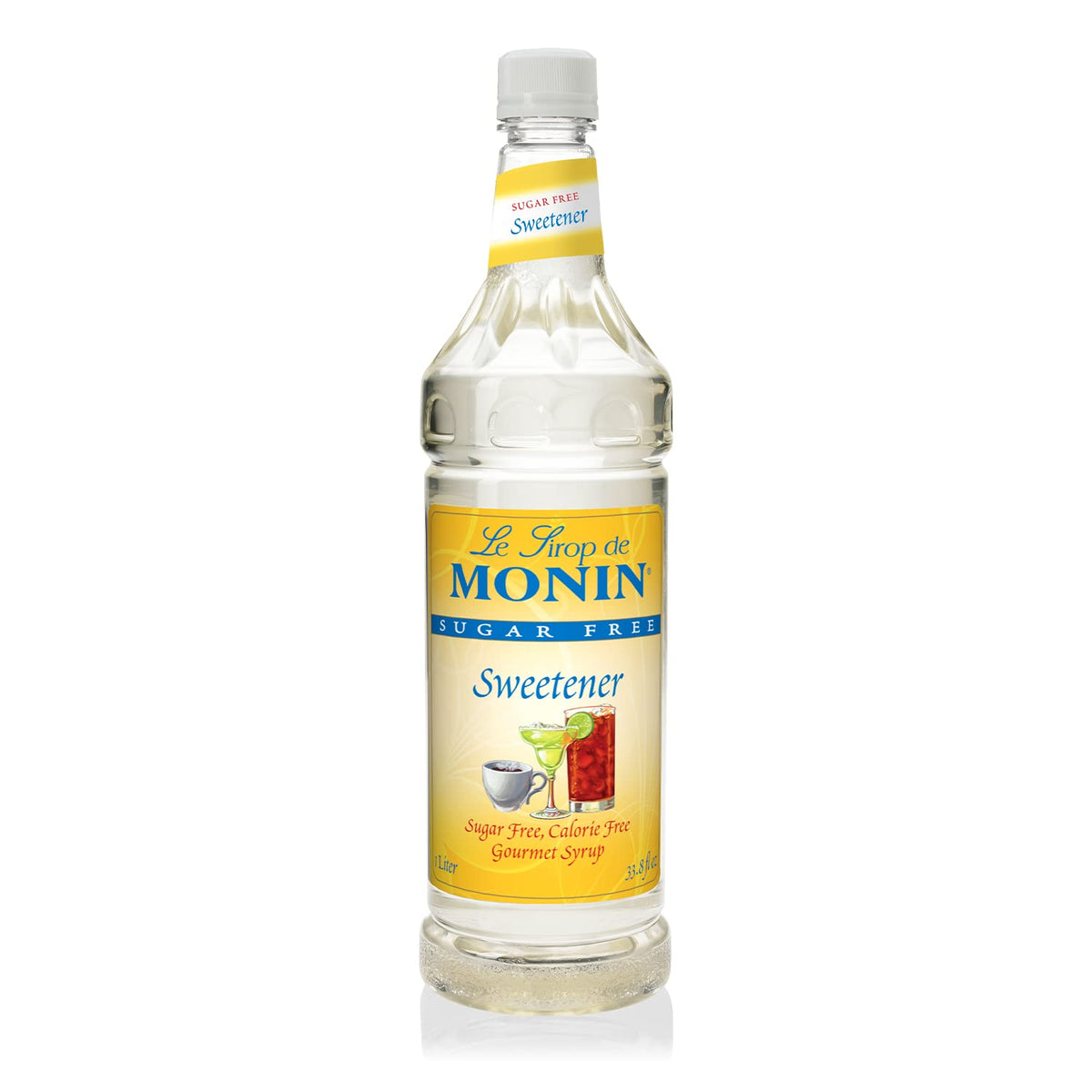 Monin Sugar-Free Sweetener bottle pour for zero-calorie coffee or tea.