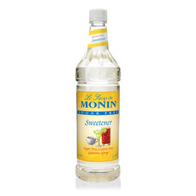 Monin Sugar-Free Sweetener bottle pour for zero-calorie coffee or tea.