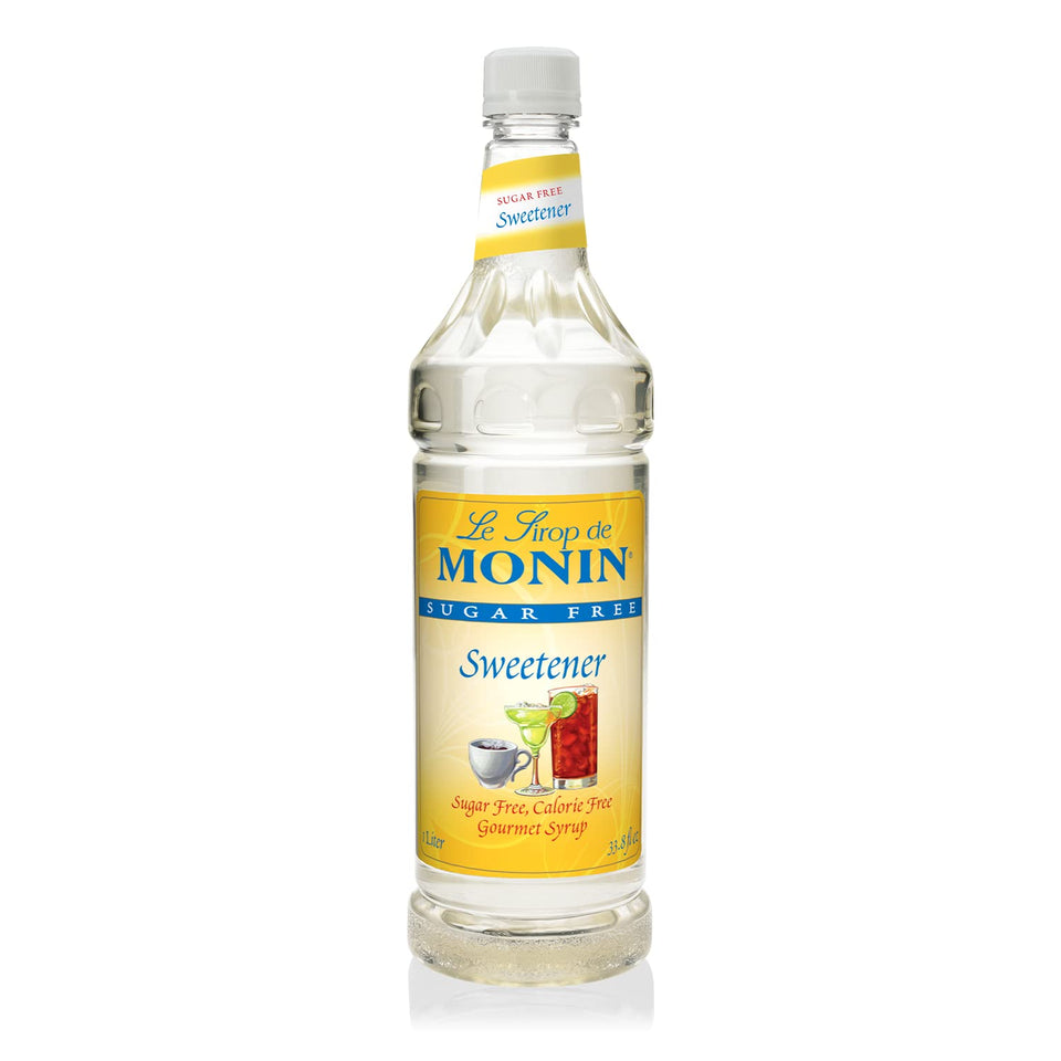 Monin Sugar-Free Sweetener bottle pour for zero-calorie coffee or tea.