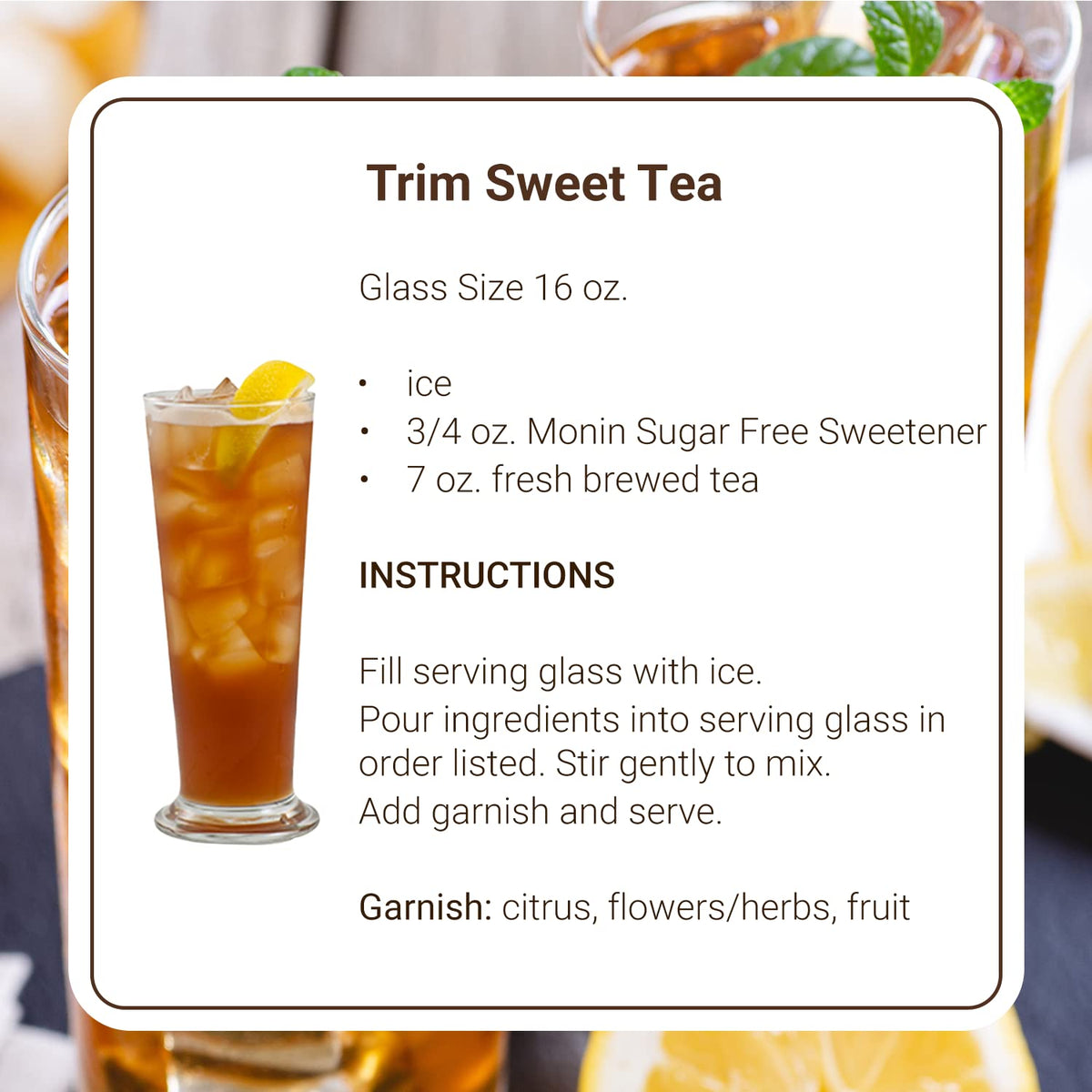 Monin Sugar-Free Sweetener cocktail mixer in a glass, versatile for cocktails.
