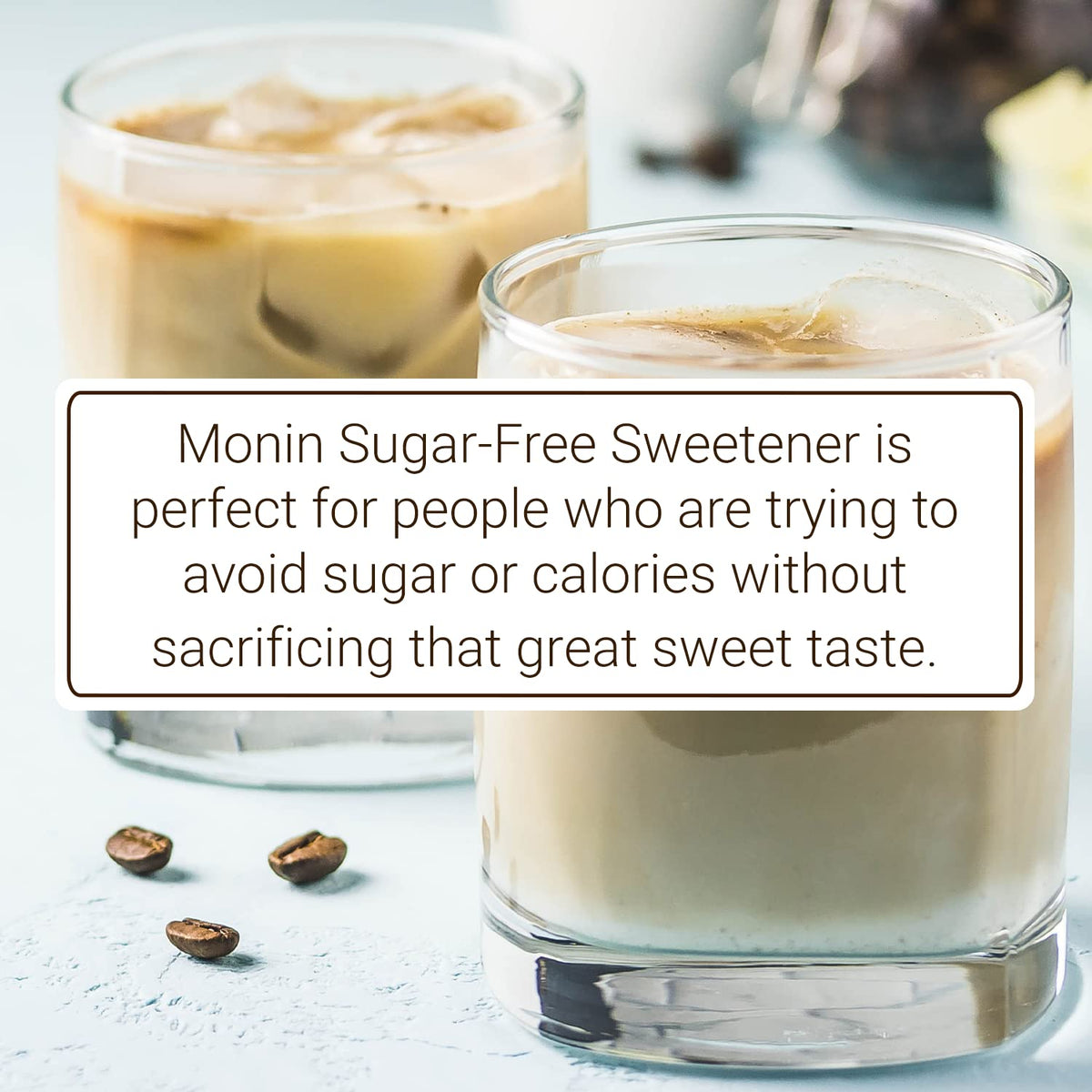 Close look at Monin Sugar-Free Sugar-Free Sweetener label with clean labeling promise.
