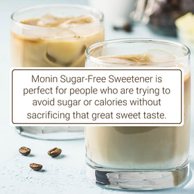 Close look at Monin Sugar-Free Sugar-Free Sweetener label with clean labeling promise.