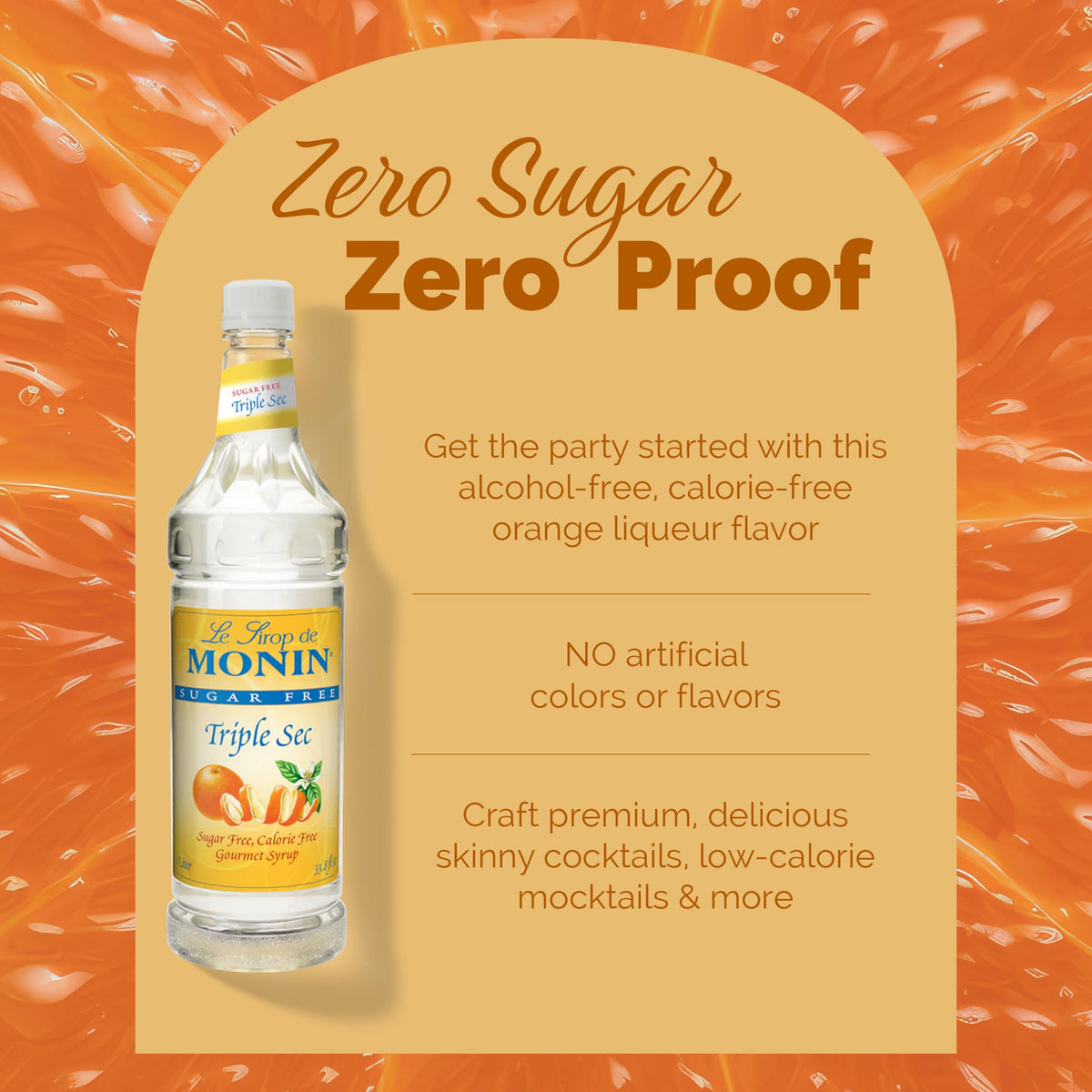 Monin Sugar Free Triple Sec syrup in a cocktail setup ready for skinny drinks.