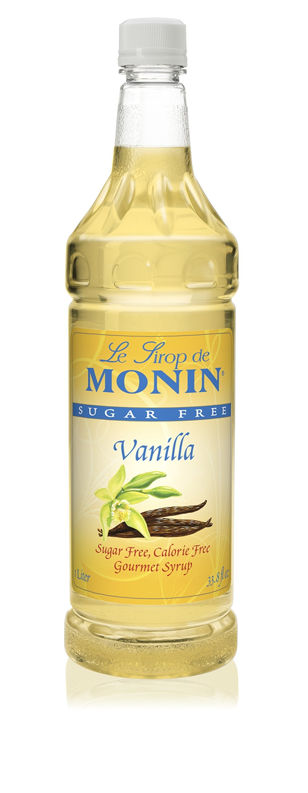 Monin Sugar Free Vanilla Syrup bottle being poured, sugar-free option for beverages