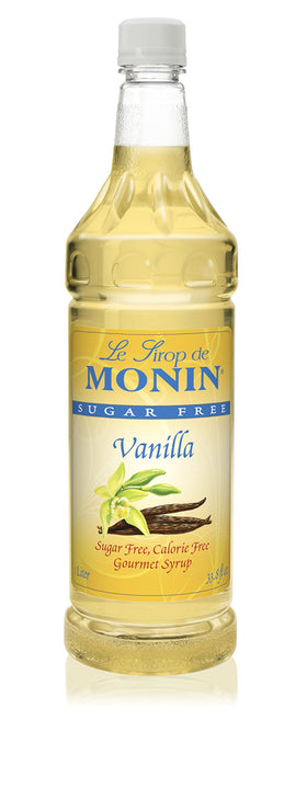 Monin Sugar Free Vanilla Syrup bottle being poured, sugar-free option for beverages