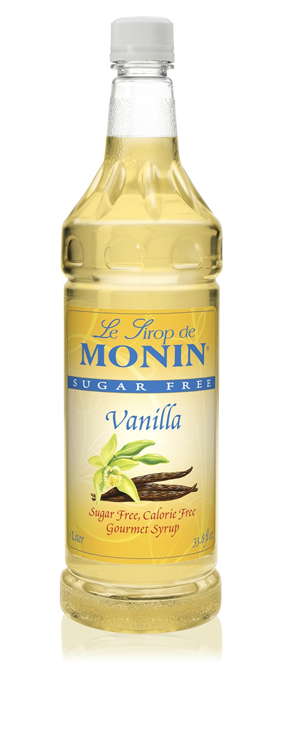 Monin Sugar Free Vanilla Syrup bottle being poured, sugar-free option for beverages