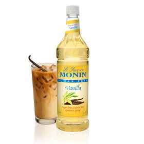 Monin Sugar Free Vanilla Syrup bottle showing zero-sugar flavor for drinks.